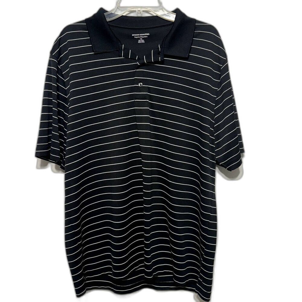 Amazon Essentials Polo Men Reg sz Large Shirt Black White Short Sleeve Collared